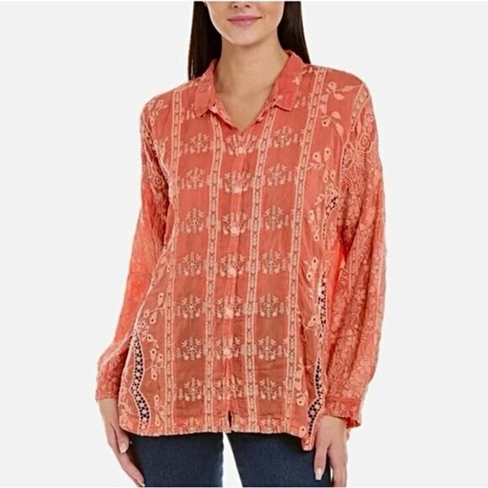 JOHNNY WAS Blossom Rosie Button Down Women’s Embroidered Blouse In Orange Size L